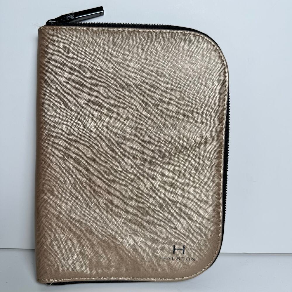 Halston Gold Faux Leather Travel Jewelry Organizer Zip Case Holder Pouch Wallet